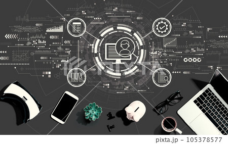 Document management system concept with electronic gadgets and office supplies 105378577