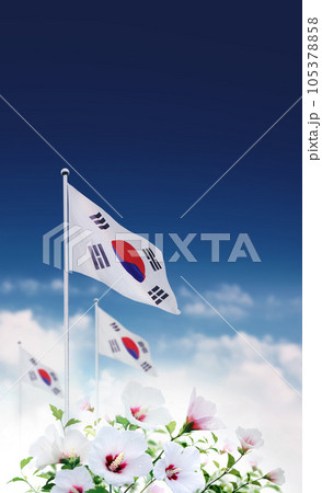 Blue sky and clouds Republic of Korea Taegeukgi and Mugunghwa flower and Samiljeol and Liberation Day, Constitution Day and Hangeul Day and Memorial Day Korean national holidays background 105378858