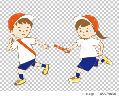 A boy wearing an anchor sash and a girl about to pass the baton, relaying in a red-and-white hat and gym clothes A boy wearing an anchor sash and a girl about to pass the baton, relaying in a red-and-white hat and gym clothes 105379036