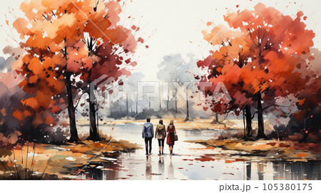 恋人達がいる秋の公園：木々が色づいている水彩画