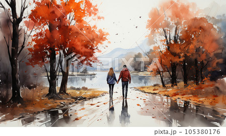 恋人達がいる秋の公園：木々が色づいている水彩画