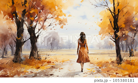 若い女性がいる秋の公園：木々が色づいている水彩画