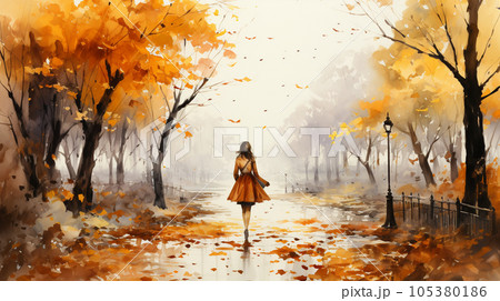 若い女性がいる秋の公園：木々が色づいている水彩画