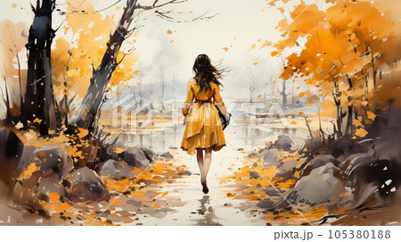 若い女性がいる秋の公園：木々が色づいている水彩画