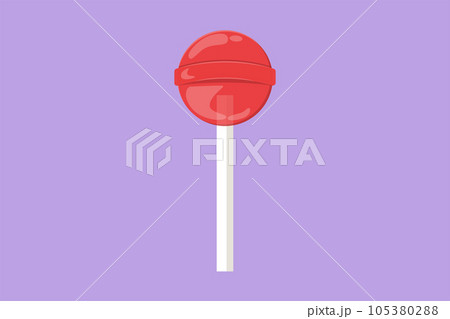 Cartoon flat style drawing stylized round lollipop candy shop logo label. Emblem confectionery store icon for flyer, sticker, card, symbol. Snacks delivery service. Graphic design vector illustration 105380288