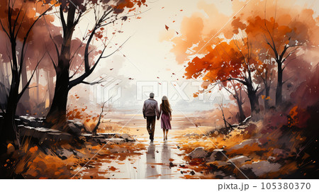 秋の紅葉の雑木林を散歩する恋人達：水彩画