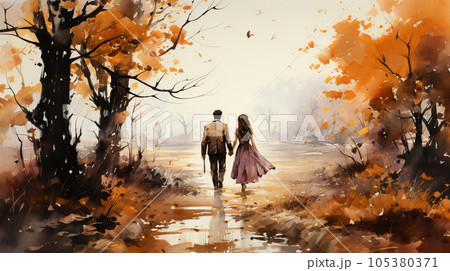 秋の紅葉の雑木林を散歩する恋人達：水彩画