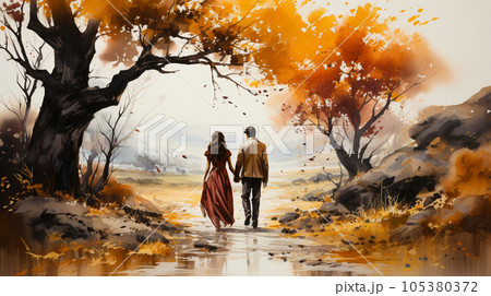 秋の紅葉の雑木林を散歩する恋人達：水彩画