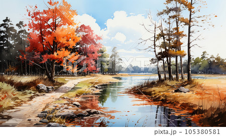 木々の紅葉が水面に映る美しい水辺の風景：水彩画