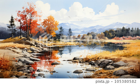 木々の紅葉が水面に映る美しい水辺の風景：水彩画