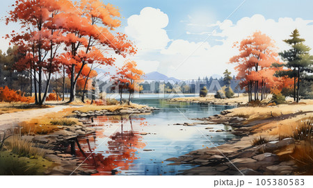 木々の紅葉が水面に映る美しい水辺の風景：水彩画