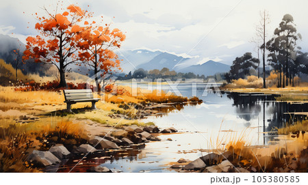 木々の紅葉が水面に映る美しい水辺の風景：水彩画