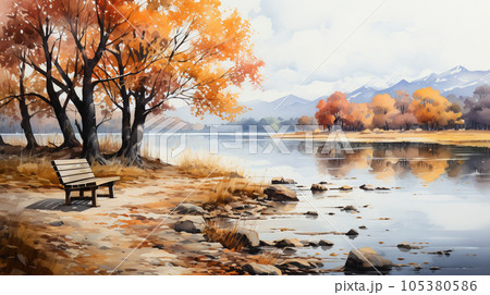 木々の紅葉が水面に映る美しい水辺の風景：水彩画