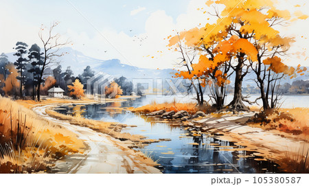 木々の紅葉が水面に映る美しい水辺の風景：水彩画