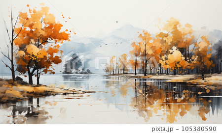 木々の紅葉が水面に映る美しい水辺の風景：水彩画