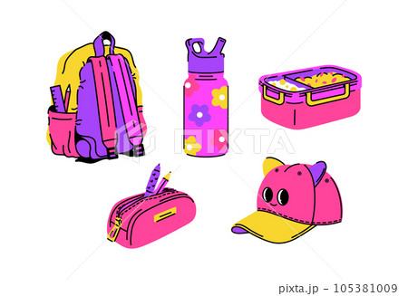 Flat vector set of school items for September 1st. Pink girly things: backpack, lunchbox, water bottle, cap, pencil case. Flat vector set of school items for September 1st. Pink girly things: backpack, lunchbox, water bottle, cap, pencil case. 105381009