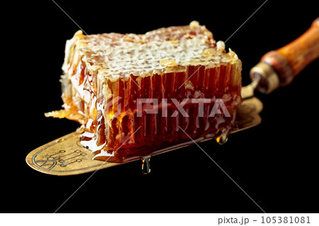 Honeycombs on an antique brass spatula. 105381081