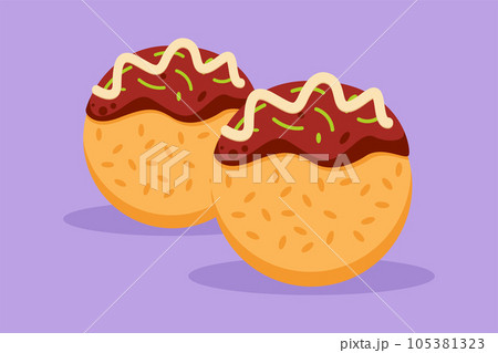 Graphic flat design drawing of fresh Japanese takoyaki ball logo. Seafood cafe menu and restaurant badge concept. Street food logotype, label, flyer, sticker, symbol. Cartoon style vector illustration Graphic flat design drawing of fresh Japanese takoyaki ball logo. Seafood cafe menu and restaurant badge concept. Street food logotype, label, flyer, sticker, symbol. Cartoon style vector illustration 105381323