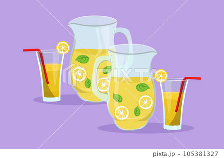 Cartoon flat style drawing fresh lemonade ice on jar glass with sliced lemon logo, label, symbol. Cafe menu and restaurant badge for shop or food delivery service. Graphic design vector illustration Cartoon flat style drawing fresh lemonade ice on jar glass with sliced lemon logo, label, symbol. Cafe menu and restaurant badge for shop or food delivery service. Graphic design vector illustration 105381327