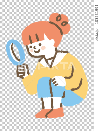 虫眼鏡を持って何かを調査している女の子_色 105381991