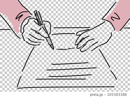 契約書にサインする女性の手のシンプル線画イラスト 契約書にサインする女性の手のシンプル線画イラスト 105383386