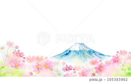 富士山とコスモス畑　花畑　水彩イラスト 105383902