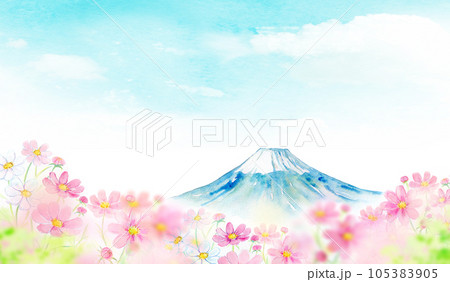 富士山とコスモス畑 花畑 水彩イラスト 富士山とコスモス畑 花畑 水彩イラスト 105383905