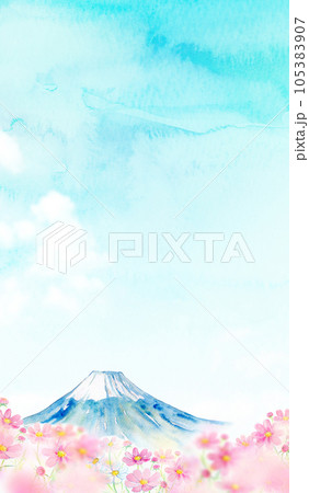富士山とコスモス畑　花畑　水彩イラスト 105383907