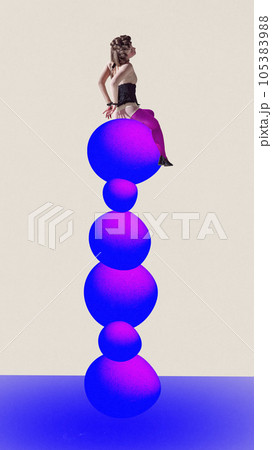 Contemporary art of backview vintage dressed young lady who sitting on pyramid of differenr sized bright gradient blue violet spheres. Ad. 105383988