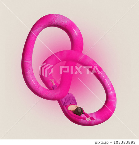 Creative image of young women lies on intarlaced bright pink rings over pastel beige background. 105383995