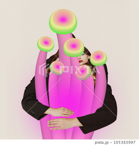 Abstract image of young women with closed eyes hugs 3d neon rainbow mashrooms over pastel beige background. Abstract image of young women with closed eyes hugs 3d neon rainbow mashrooms over pastel beige background. 105383997
