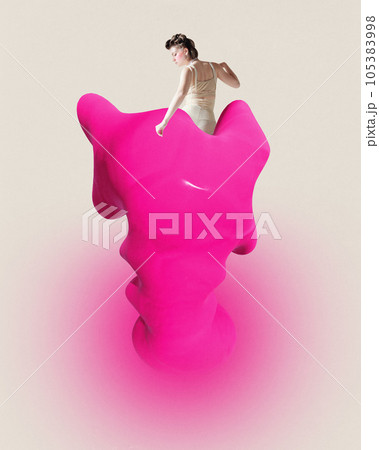 Image of young lady sit down on 3d neon pink shapeless figure over pastel beige background. Image of young lady sit down on 3d neon pink shapeless figure over pastel beige background. 105383998