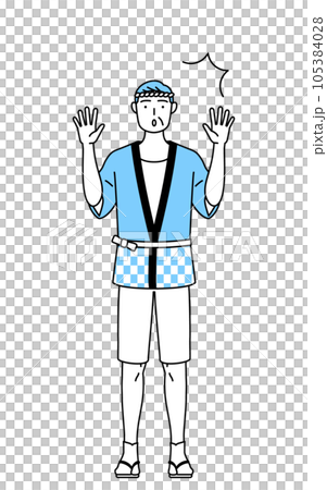 A senior man wearing a summer festival happi coat raising his hand in surprise 105384028