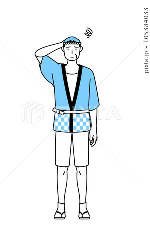 困って頭をかく夏祭りの法被を着たシニア男性 困って頭をかく夏祭りの法被を着たシニア男性 105384033