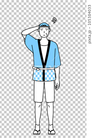 困って頭をかく夏祭りの法被を着たシニア男性 困って頭をかく夏祭りの法被を着たシニア男性 105384033
