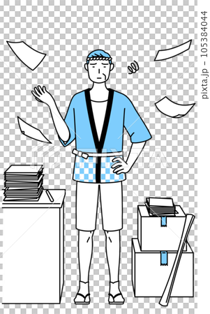 A senior man wearing a summer festival happi coat who is tired of untidy work A senior man wearing a summer festival happi coat who is tired of untidy work 105384044