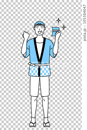 A senior man wearing a summer festival happi coat who is pleased to see a bankbook A senior man wearing a summer festival happi coat who is pleased to see a bankbook 105384047