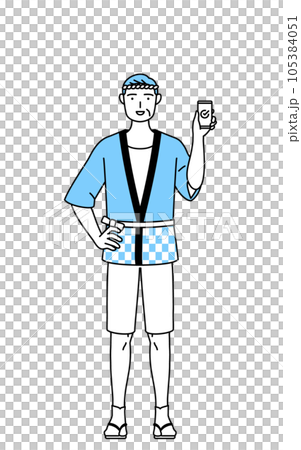A senior man wearing a summer festival happi coat using a smartphone at work 105384051