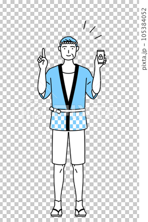 スマホのセキュリティ対策をする夏祭りの法被を着たシニア男性 スマホのセキュリティ対策をする夏祭りの法被を着たシニア男性 105384052