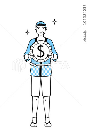 為替差益やドル高のイメージ、夏祭りの法被を着たシニア男性 105384058