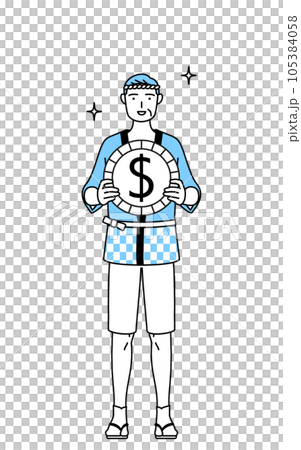 為替差益やドル高のイメージ、夏祭りの法被を着たシニア男性 105384058