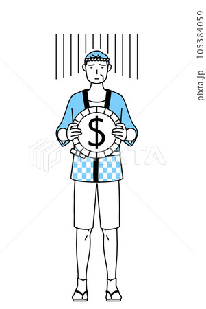為替差損やドル安のイメージ、夏祭りの法被を着たシニア男性 為替差損やドル安のイメージ、夏祭りの法被を着たシニア男性 105384059