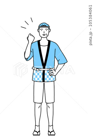 ガッツポーズをする夏祭りの法被を着たシニア男性 105384061