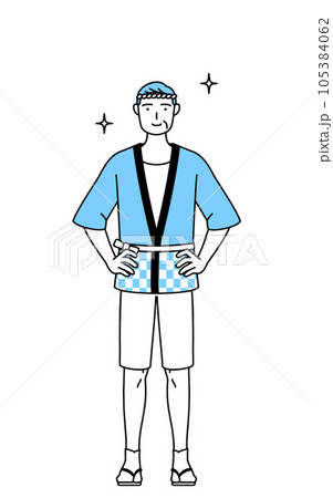 両手を腰に当てた夏祭りの法被を着たシニア男性 両手を腰に当てた夏祭りの法被を着たシニア男性 105384062