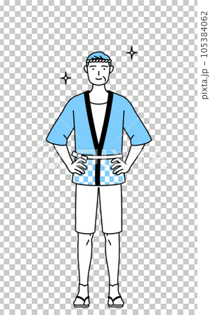 両手を腰に当てた夏祭りの法被を着たシニア男性 両手を腰に当てた夏祭りの法被を着たシニア男性 105384062