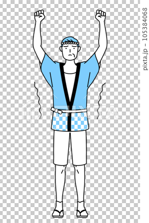 ストレッチで背伸びする夏祭りの法被を着たシニア男性 105384068