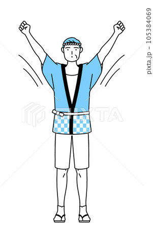 ラジオ体操をする夏祭りの法被を着たシニア男性 105384069