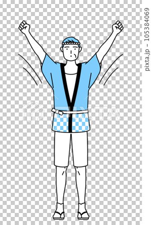 ラジオ体操をする夏祭りの法被を着たシニア男性 105384069