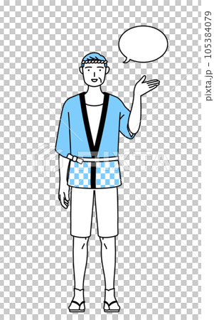 ふきだしつき、案内をする夏祭りの法被を着たシニア男性 105384079