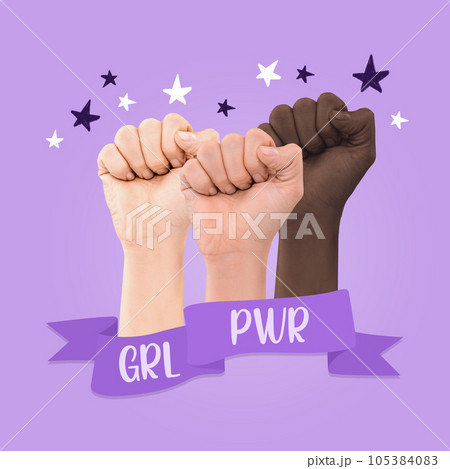Image of women hand in first surrounded with drawing stars and wrapped withribbon with inscription over violet background. 105384083